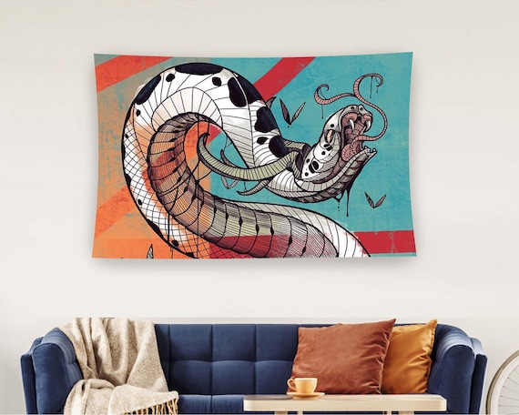 Colorful Giant Snake Tattoo Doodle Art Teal Orange Tapestry Wall Art