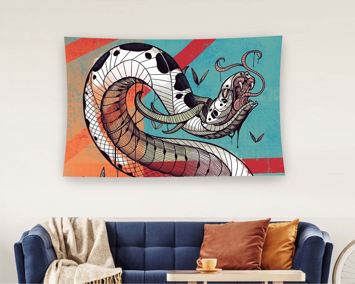 Colorful Giant Snake Tattoo Doodle Art Teal Orange Tapestry Wall Art