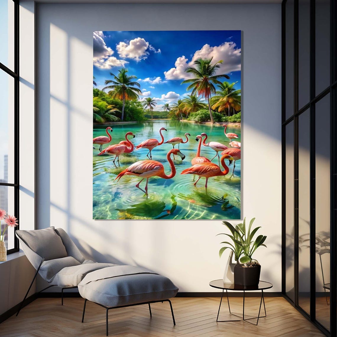 Pink Flamingos Wading In Tropical Turquoise Lagoon Palm Trees Wall Art - Image 3