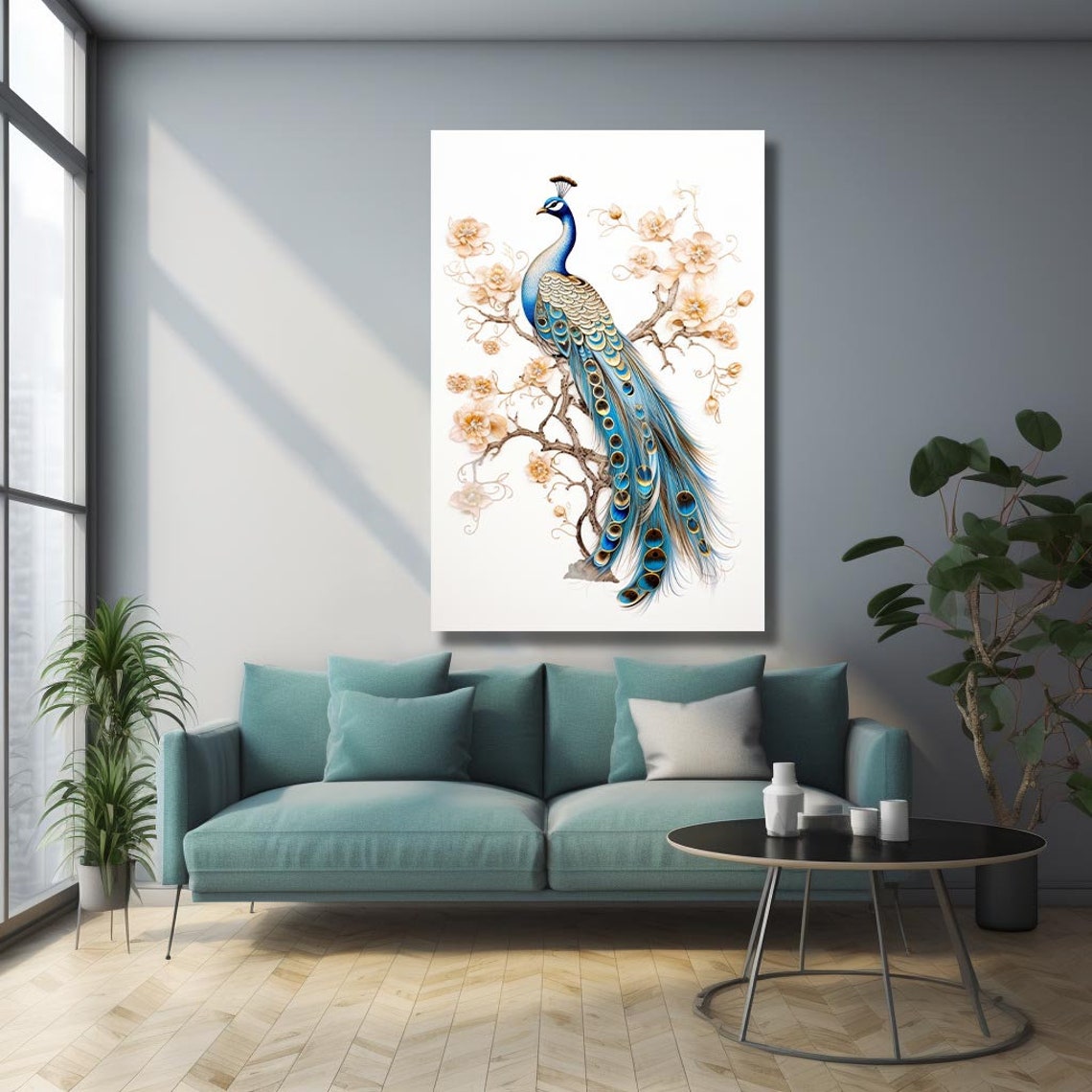 Elegant Peacock Pastel Flowers White Blooming Branch Bird Art Poster - Image 2
