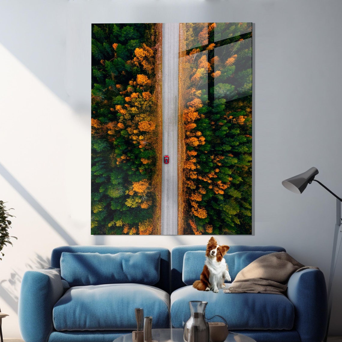 Aerial Autumn Road Through Fall Forest Lone Red Car Travel Poster - Image 2