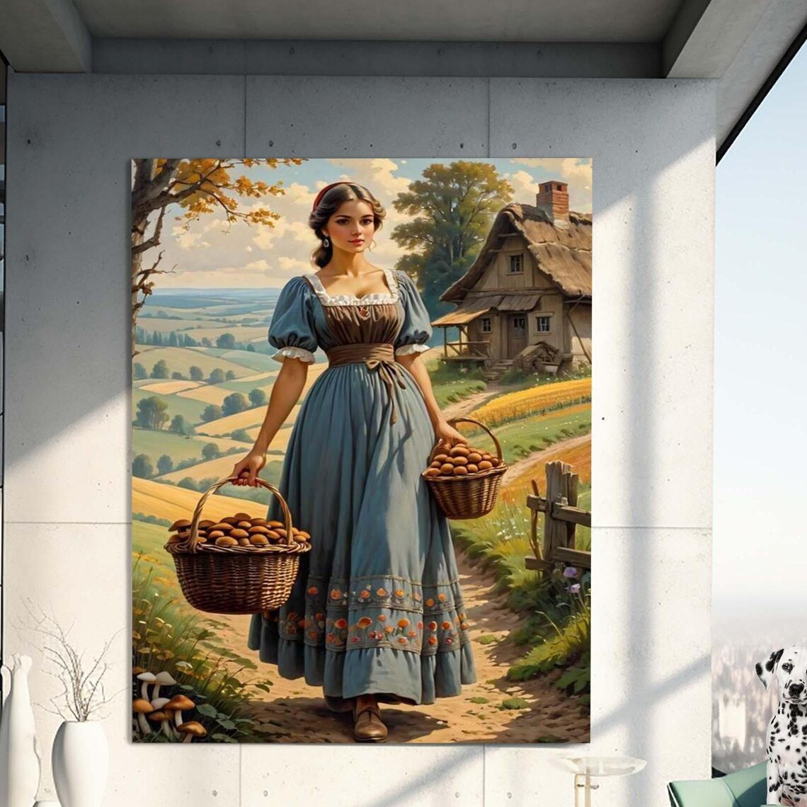 Woman In Blue Peasant Dress With Mushroom Baskets Countryside Wall Art