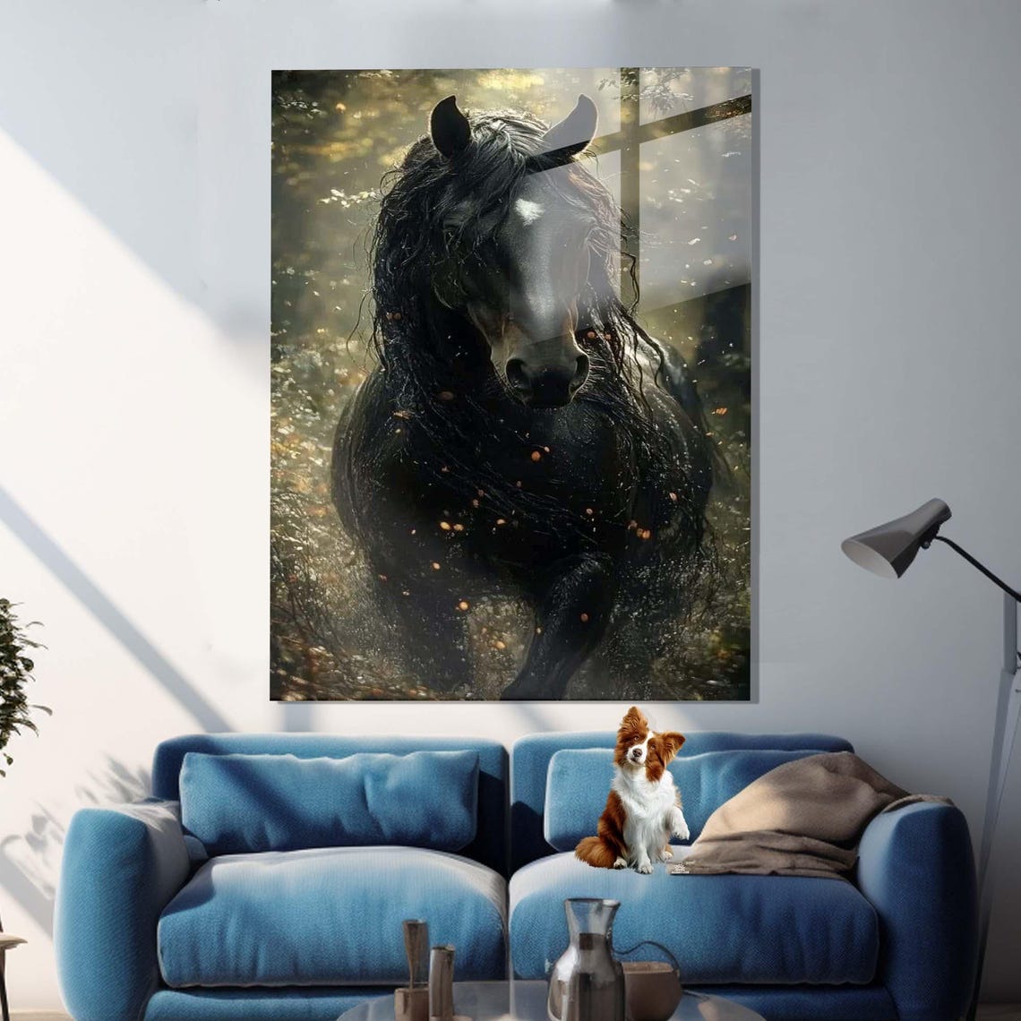 Black Horse Portrait Golden Light Dark Mystical Forest Scene Poster - Image 2