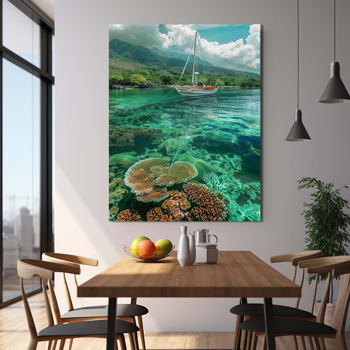 Sailboat Anchored Over Coral Reef In Turquoise Bay Green Mountains Art - Image 2