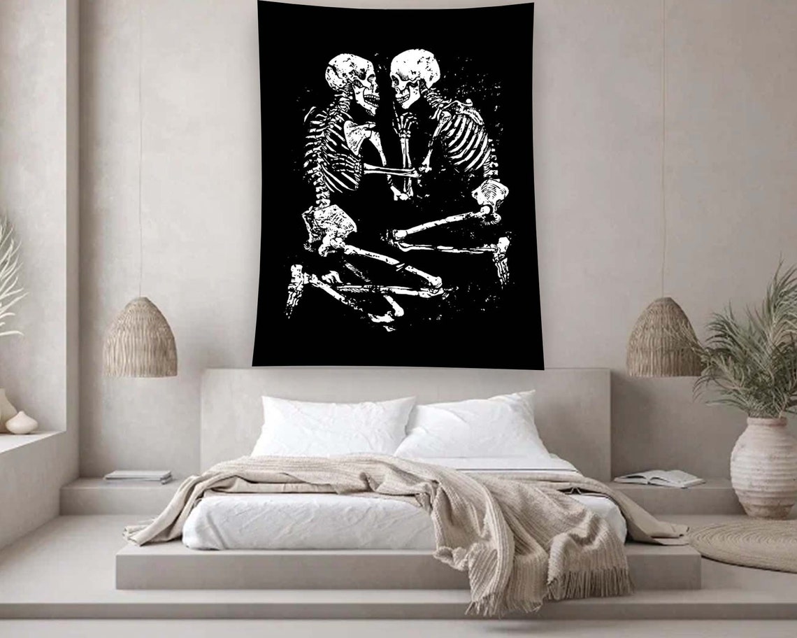 Black Skeleton Lovers Embrace Grunge White Ink Tapestry Wall Art - Image 2