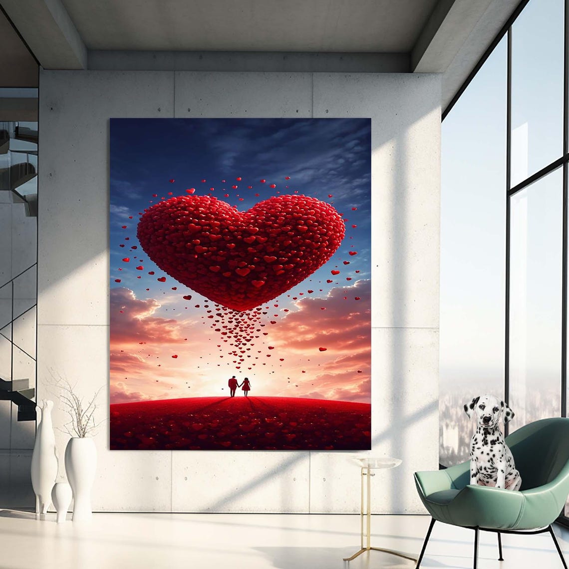 Giant Red Heart Made Of Small Hearts In Sunset Sky Couple Wall Art - Image 3