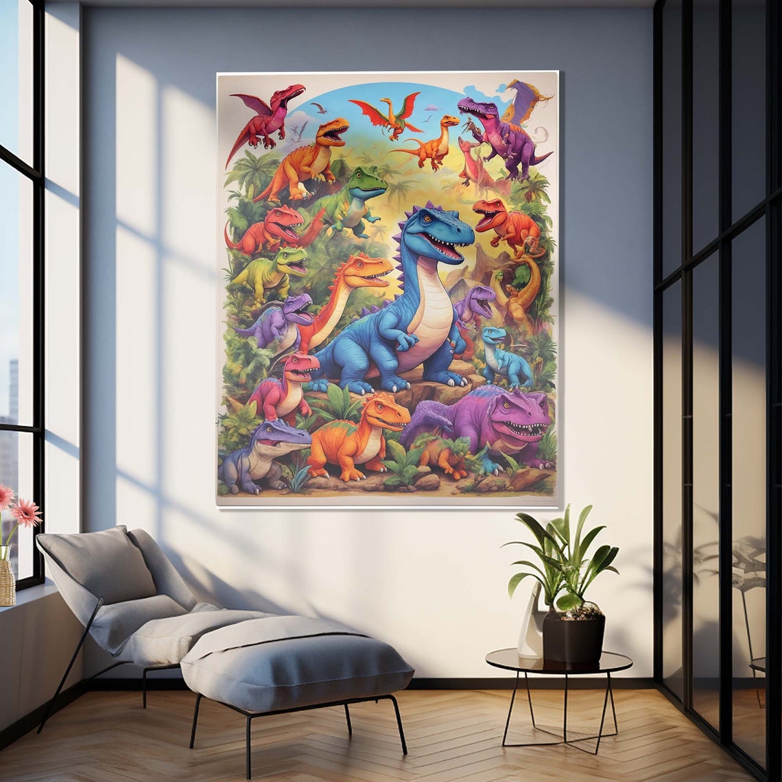 Colorful Cartoon Dinosaurs Collage Kids Jungle Playroom Wall Art