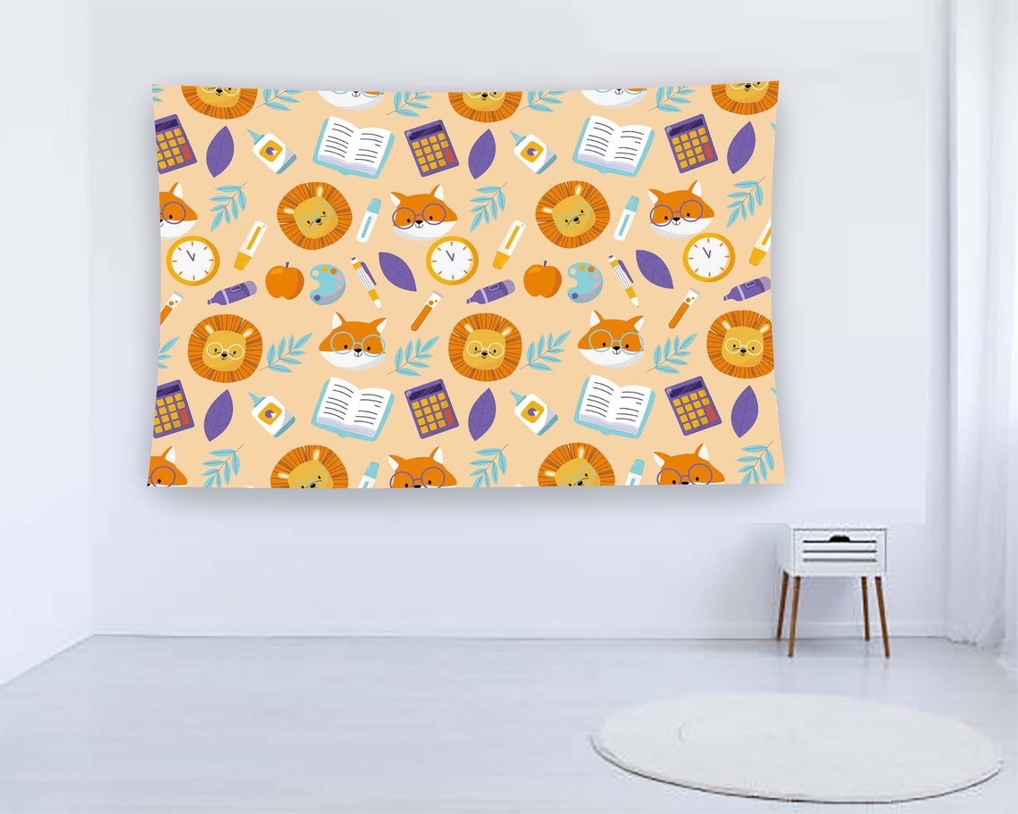 Cute Lion Fox School Kids Pattern Nursery Playful Animal Wall Art
