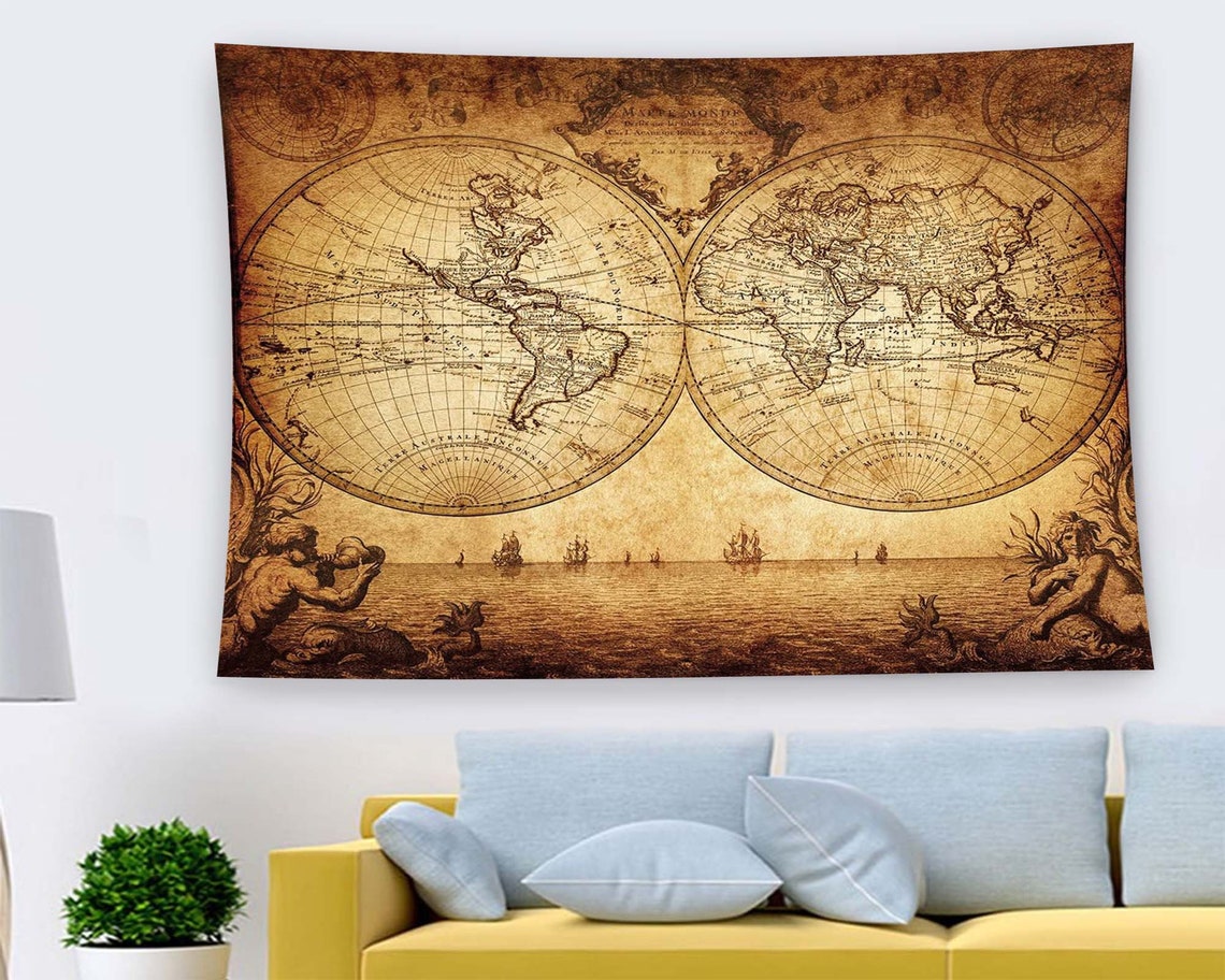 Antique Sepia World Map Double Hemisphere Vintage Tapestry Wall Art - Image 2