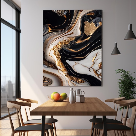 Black Gold White Marble Swirl Luxury Abstract Fluid Art Poster