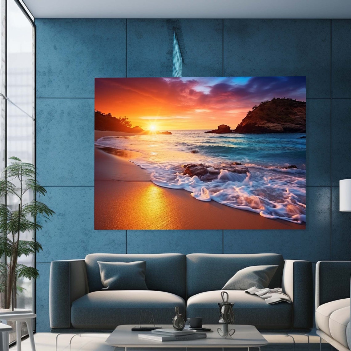 Tropical Beach Sunset Golden Ocean Waves Rocky Shore View Poster - Image 2