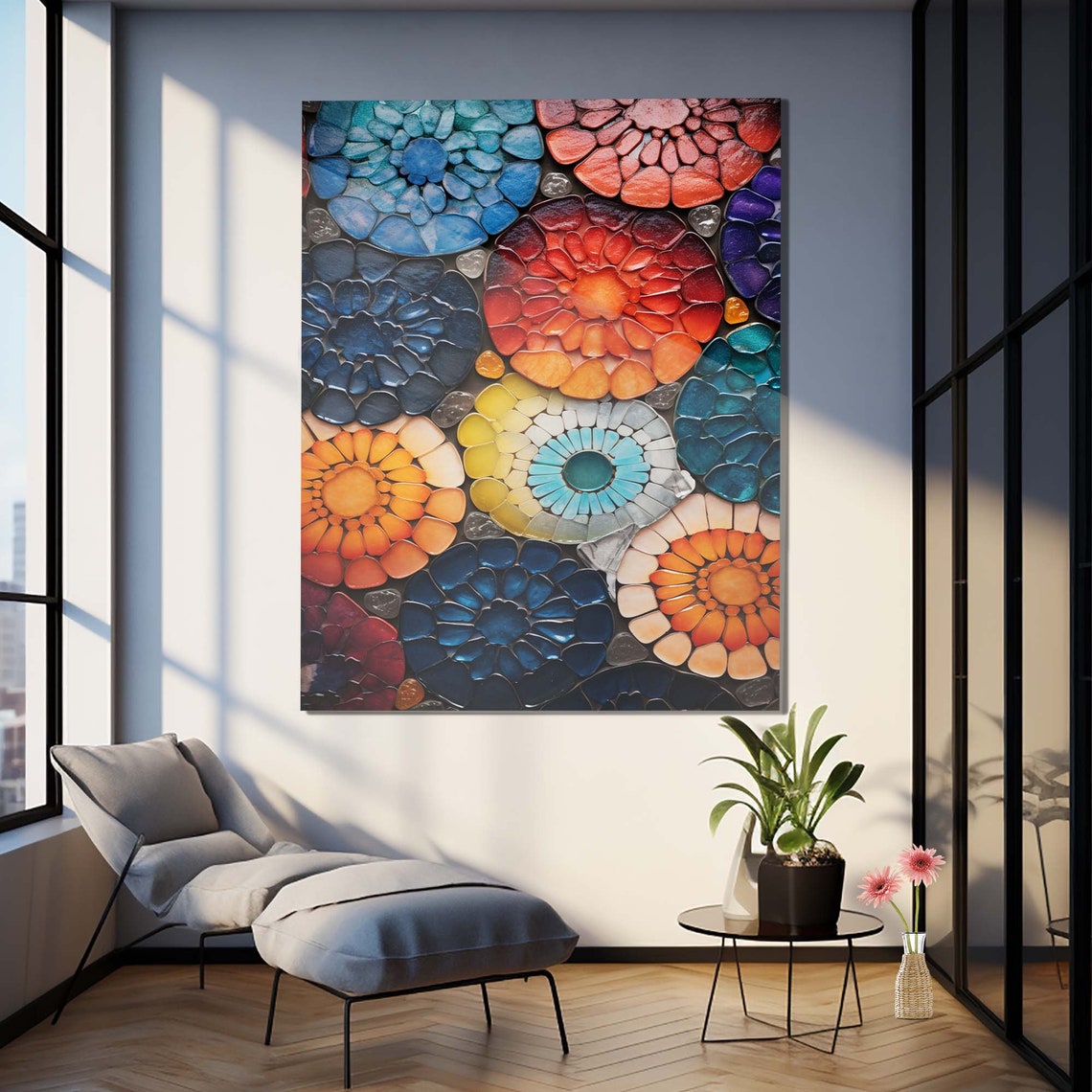 Colorful Stained Glass Mosaic Floral Flower Pattern Wall Art - Image 3