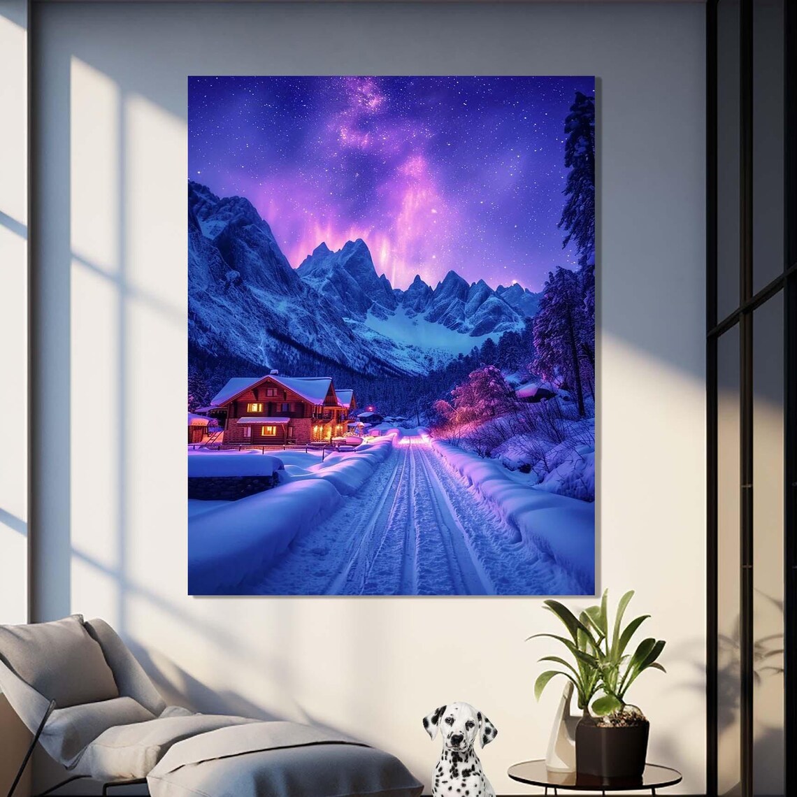Purple Aurora Over Snowy Alpine Cabin Village Night Travel Poster