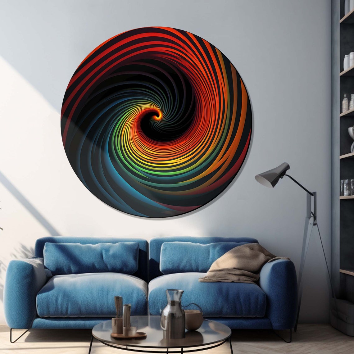 Rainbow Spiral Vortex Swirl on Dark Background Round Wall Art - Image 2