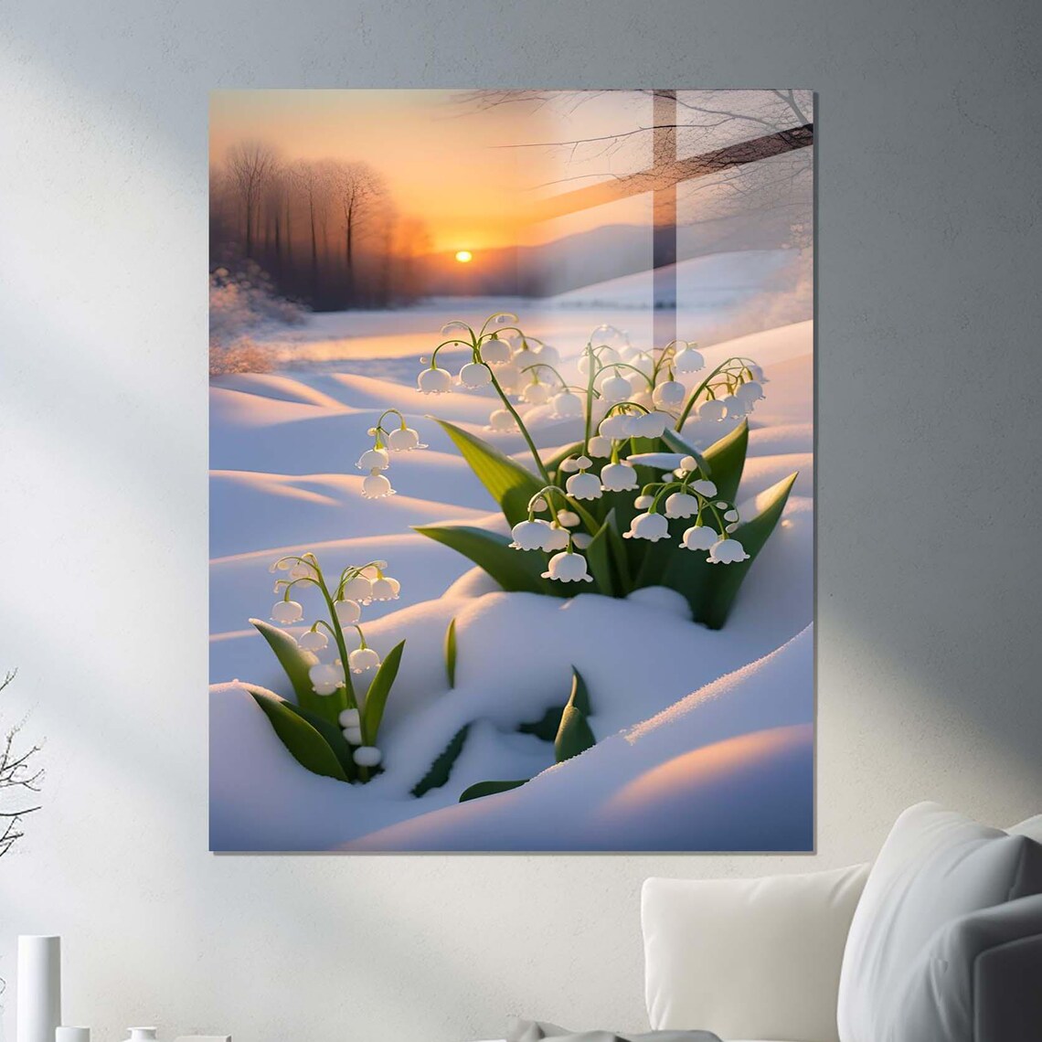 Lily Of The Valley Flowers In Snow Golden Sunrise Floral Art Print