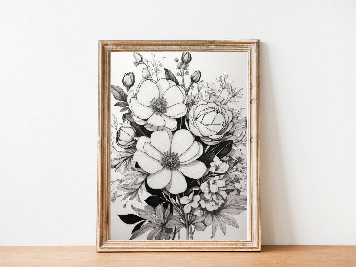 Black and White Floral Bouquet Elegant Pencil Drawing Poster