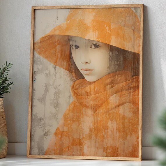 Orange Hooded Girl Moody Portrait Textured Watercolor Art Poster