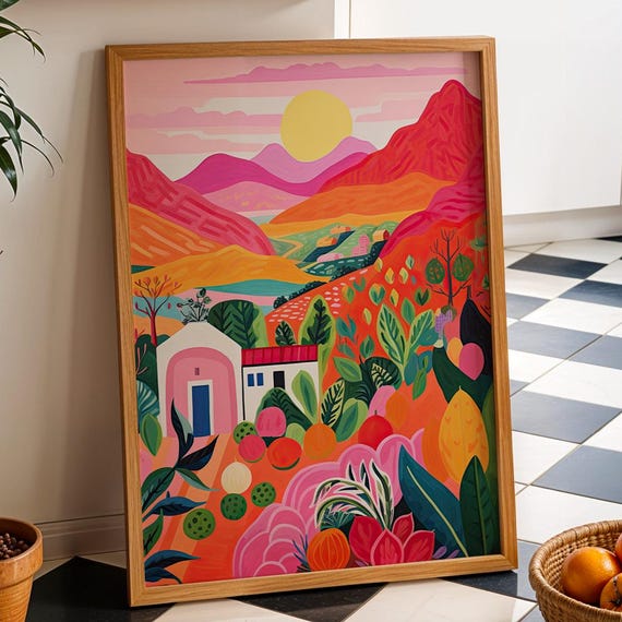 Landscape Wall Art Poster Colorful Village Sunset Scene Print Illustration Whimsical Mountain Town Drawing