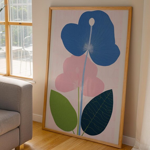 Botanical Art Poster Pink Blue Modern Flower Print Illustration For Girls Room Or Living Area Drawing File