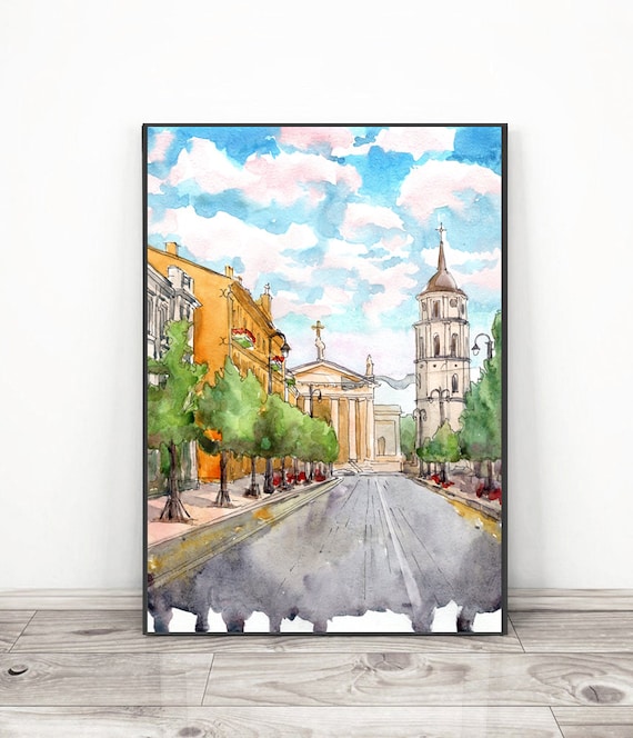 Vilnius Cathedral Street Watercolor Painting Europe Travel Poster
