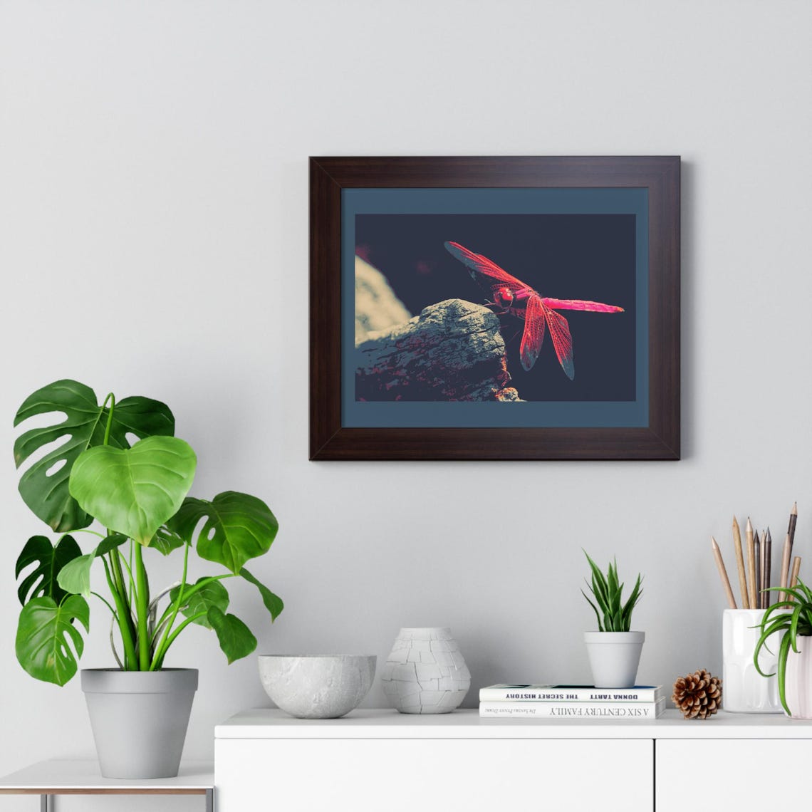 Bold Vivid Red Scarlet Dragonfly Resting on a Rock Framed Poster - Image 4