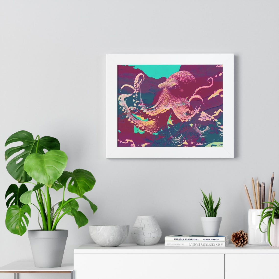Vibrant Neon Magenta Octopus Swimming in the Deep Sea Framed Poster - Image 2