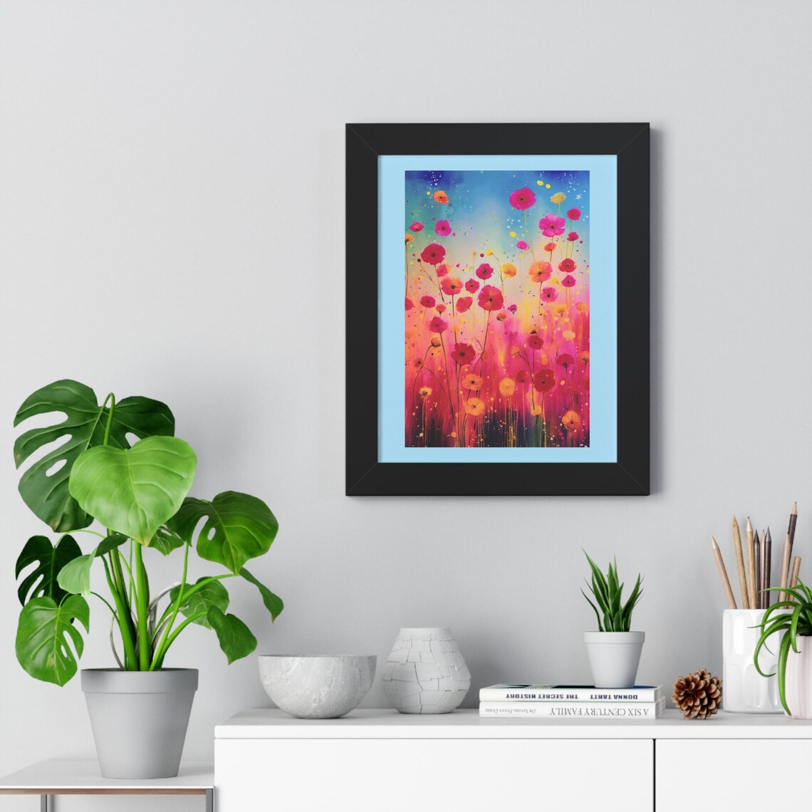 Vibrant Pink Wildflower Meadow Swaying Against Bright Blue Sky Poster - Image 2