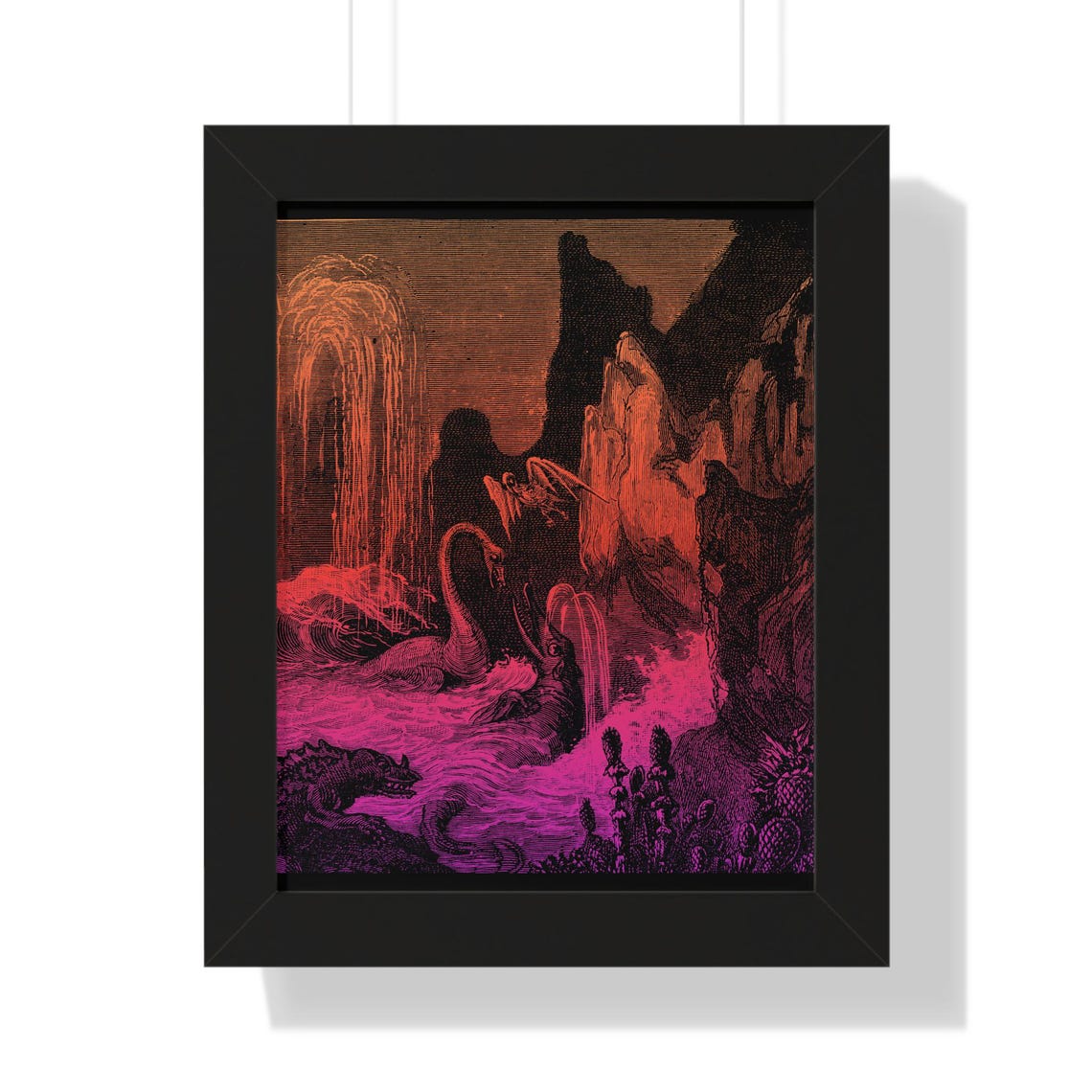 Vintage Sea Serpent Monster Engraving in Neon Duotone Poster