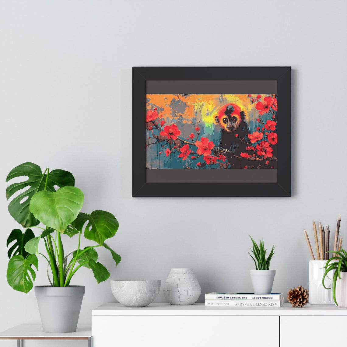 Colorful Monkey with Red Fur Among Cherry Blossoms Grunge Art Poster - Image 4