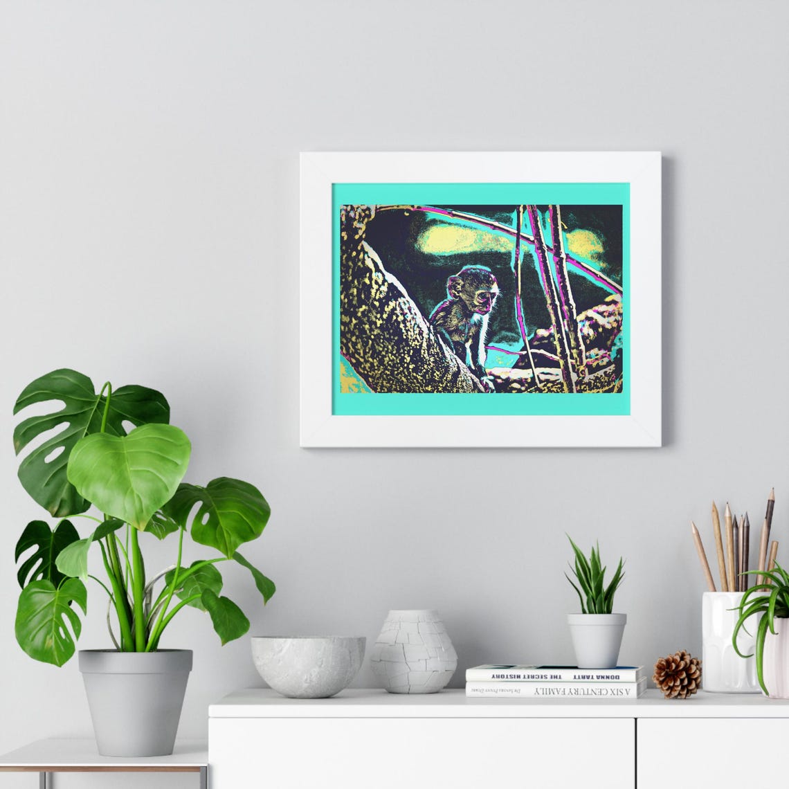 Playful Monkey on a Branch in Neon Pop Art Style Framed Poster - Image 2