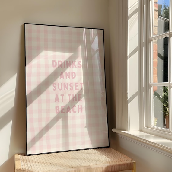 Drinks And Sunset At The Beach Pink Gingham Coastal Decor Poster