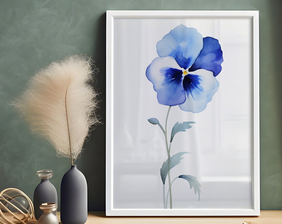 Blue Pansy Watercolor Single Flower Dark Center Minimalist Art Poster - Image 5