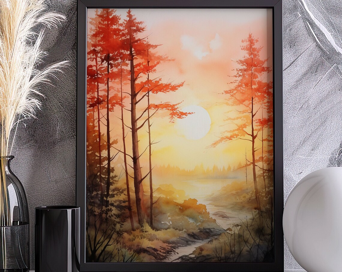 Autumn Sunrise Forest Watercolor Painting Poster with Fiery Orange Trees - Image 5