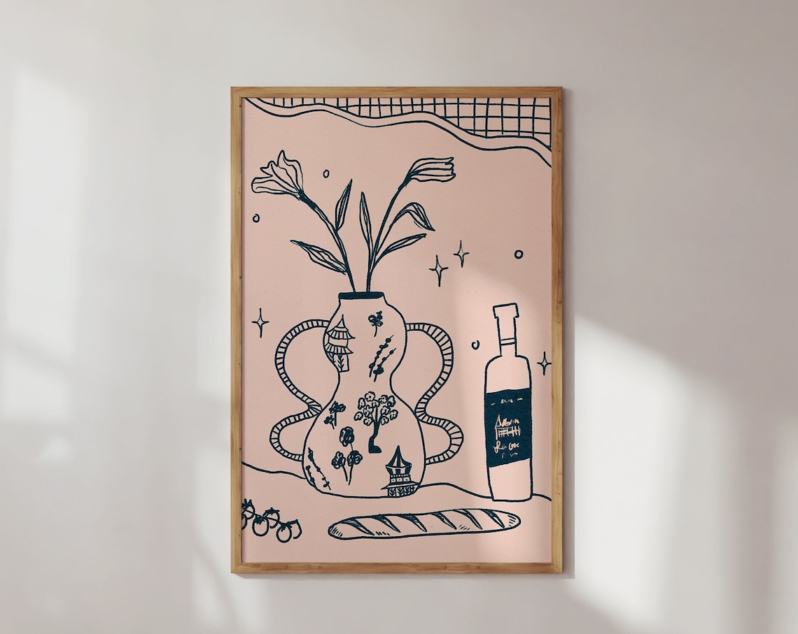 Blush Pink Bohemian Wine Vase Baguette Kitchen Line Art Poster