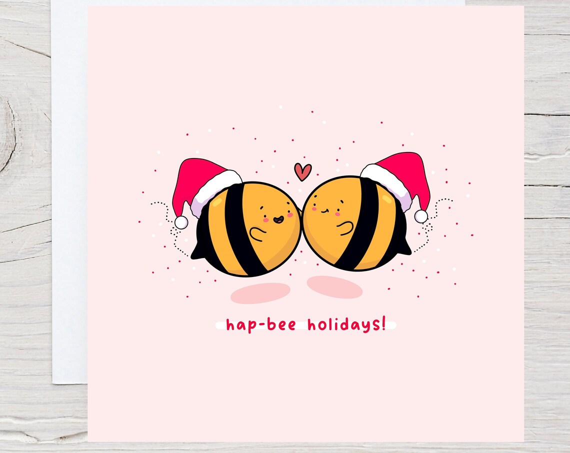 Kawaii Bee Holiday Pun Poster with Hap Bee Holidays Santa Hats