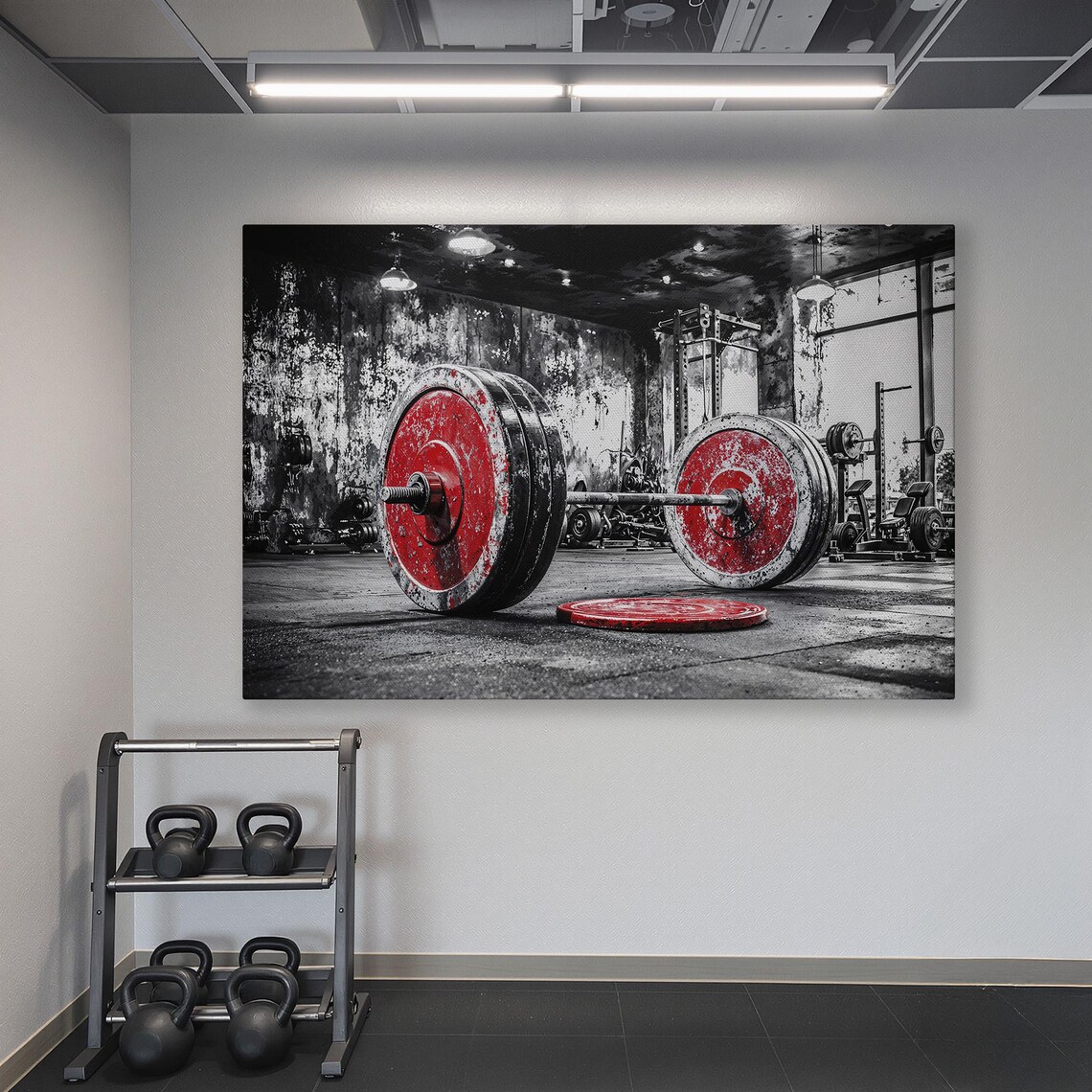 Red Barbell Plates In Black And White Grunge Gym Photo Poster - Image 6