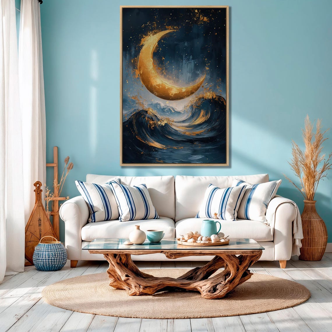 Golden Crescent Moon Glowing Over Midnight Blue Ocean Waves Poster - Image 3