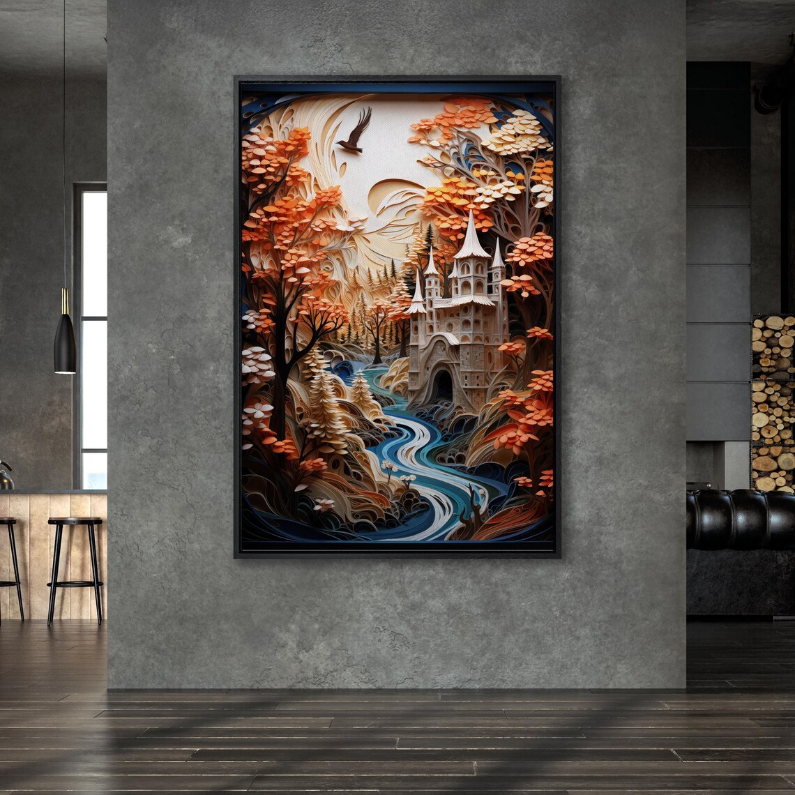 Autumn Forest Castle Paper Cut Quilling Style Fantasy Art Poster - Image 3