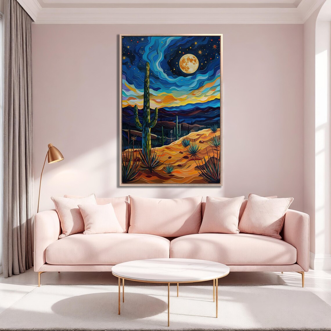 Starry Desert Night Swirling Sky Cactus Full Moon Painting Poster - Image 3