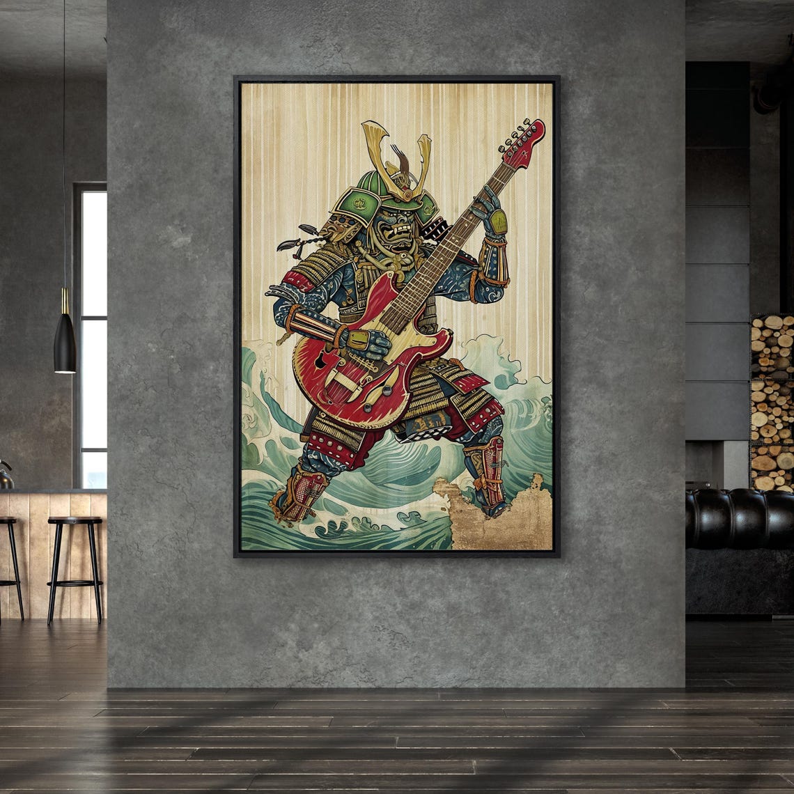 Samurai Playing Red Electric Guitar Japanese Wave Rock Wall Art - Image 5
