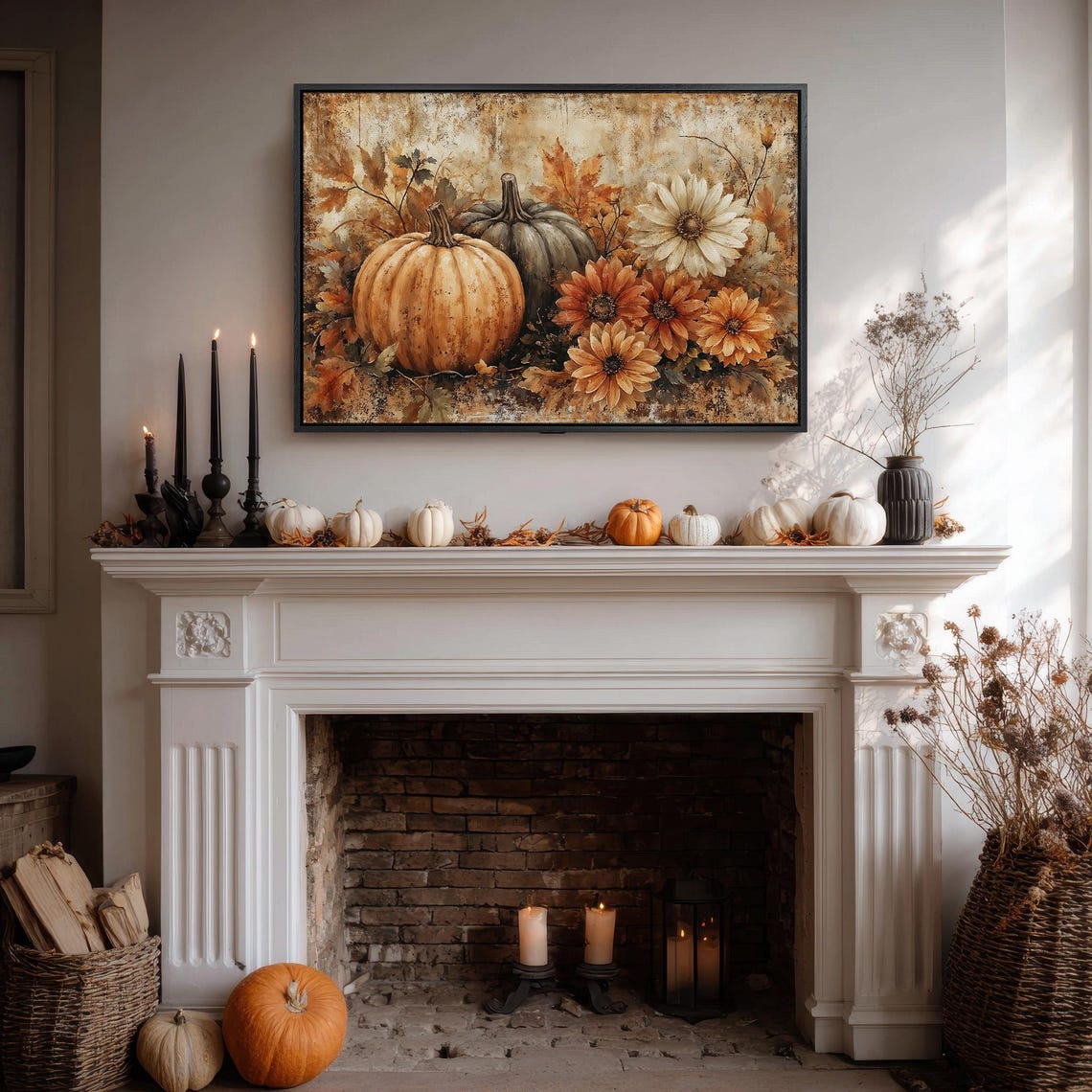 Orange Gray Pumpkins Fall Foliage Autumn Floral Harvest Art Poster