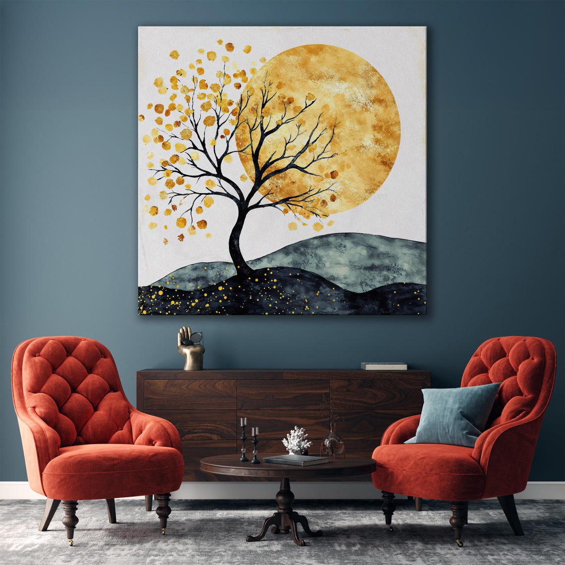 Golden Sun Behind Black Tree Branches Minimalist Nature Poster - Image 5