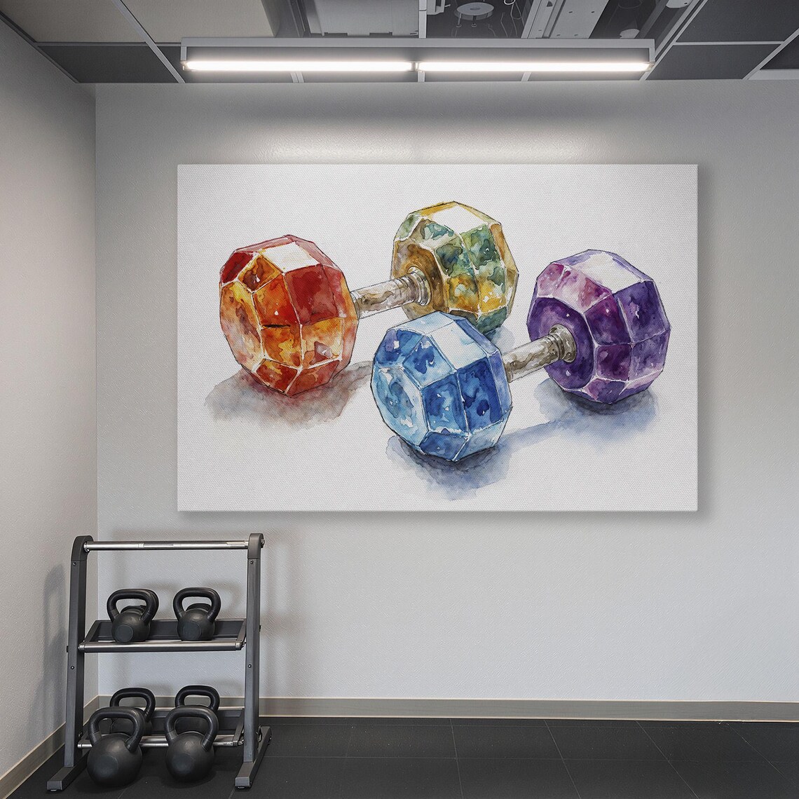 Pair Of Colorful Watercolor Dumbbells Resting On White Gym Poster - Image 6