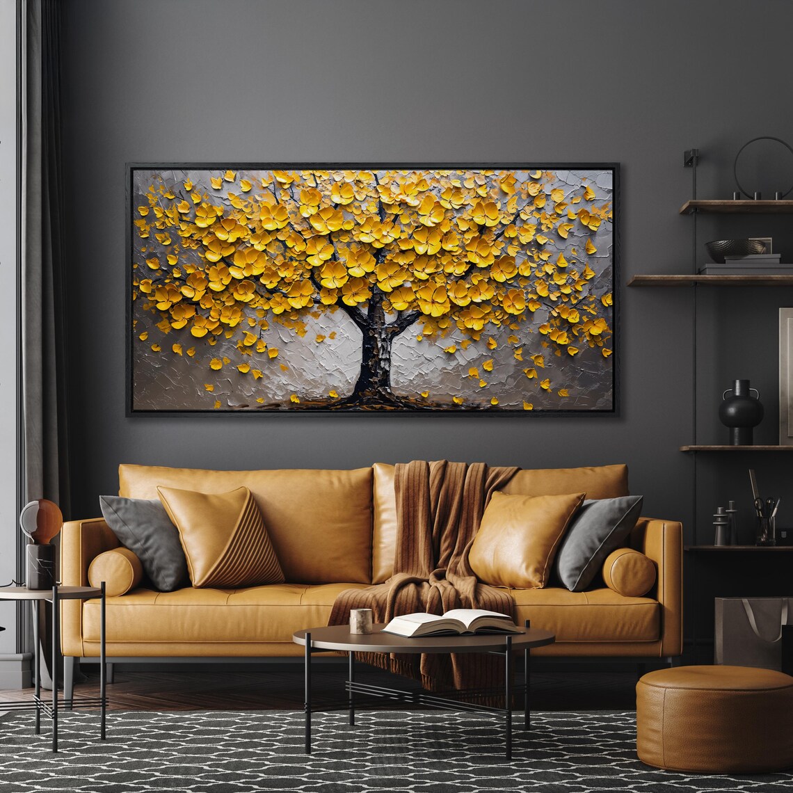 Golden Blossom Tree Of Life Textured Floral Wall Painting Poster - Image 4