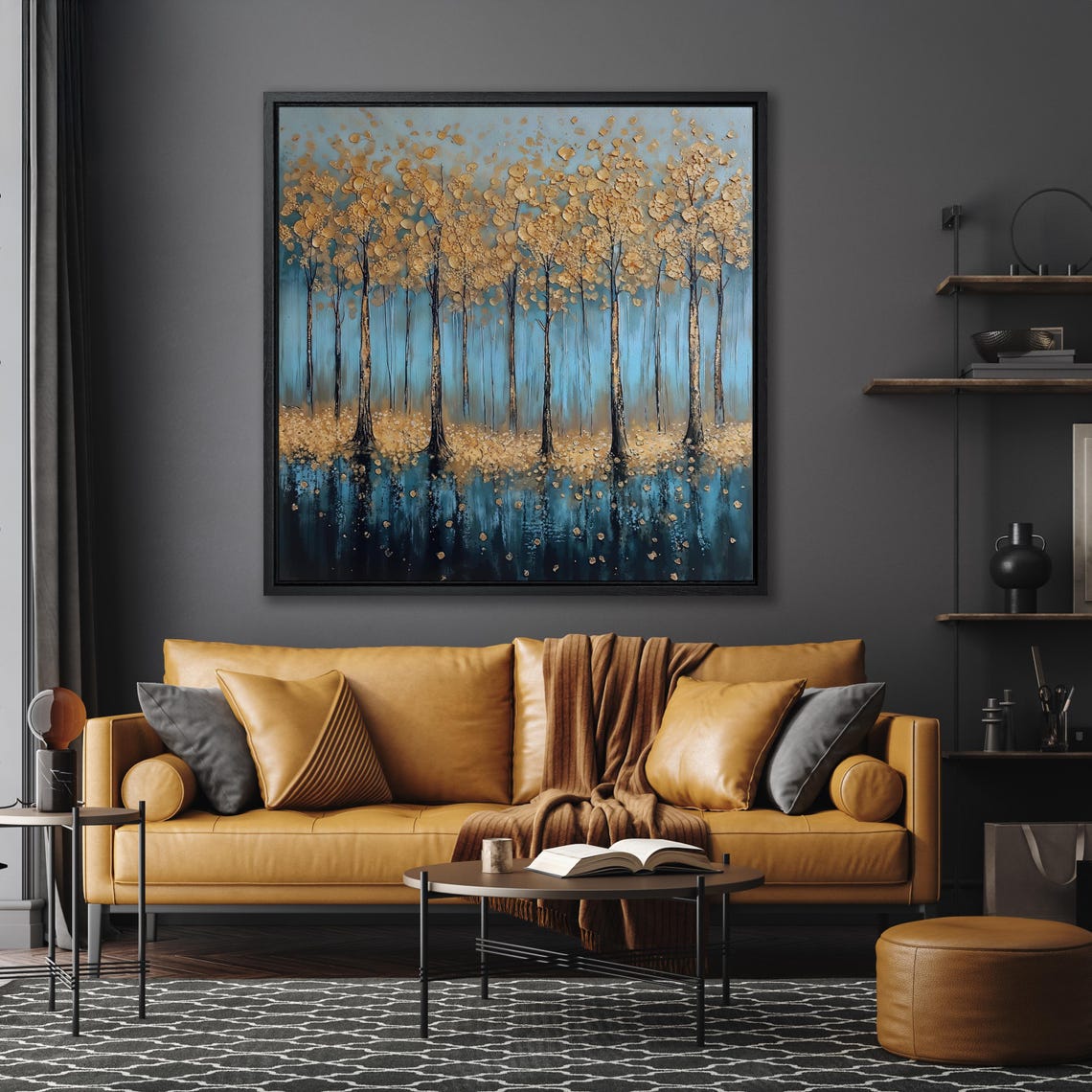 Teal And Gold Abstract Forest With Water Reflection Art Print - Image 3