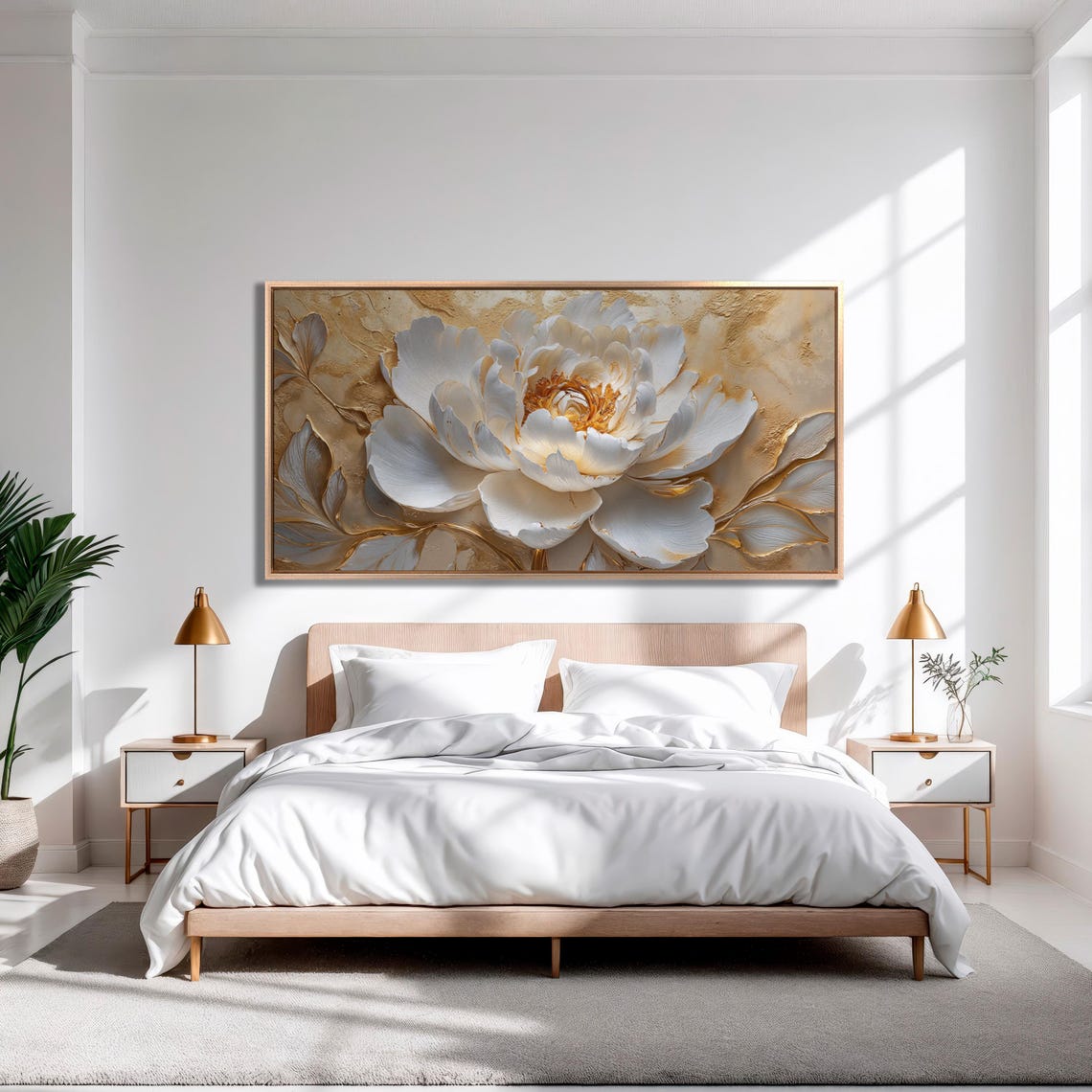 Large White And Gold Peony Bloom Sculpted Relief Botanical Poster - Image 3