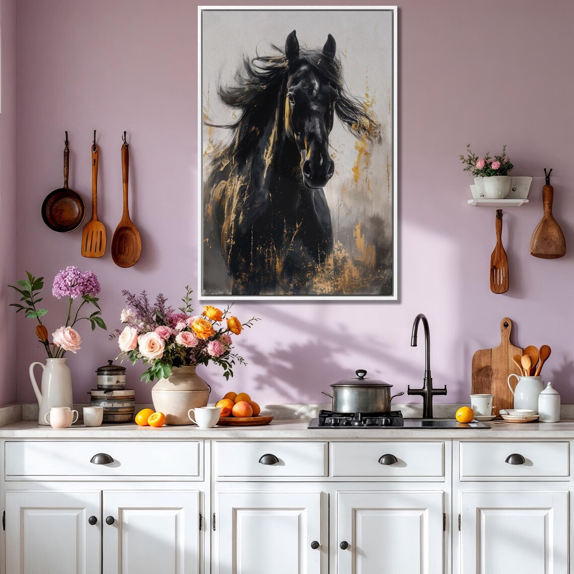 Black Stallion With Flowing Mane Vertical Equine Portrait Art Poster - Image 3