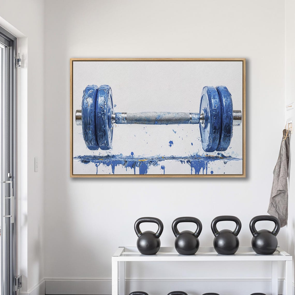 Blue Painted Dumbbell with Paint Drips on White Fitness Poster - Image 2