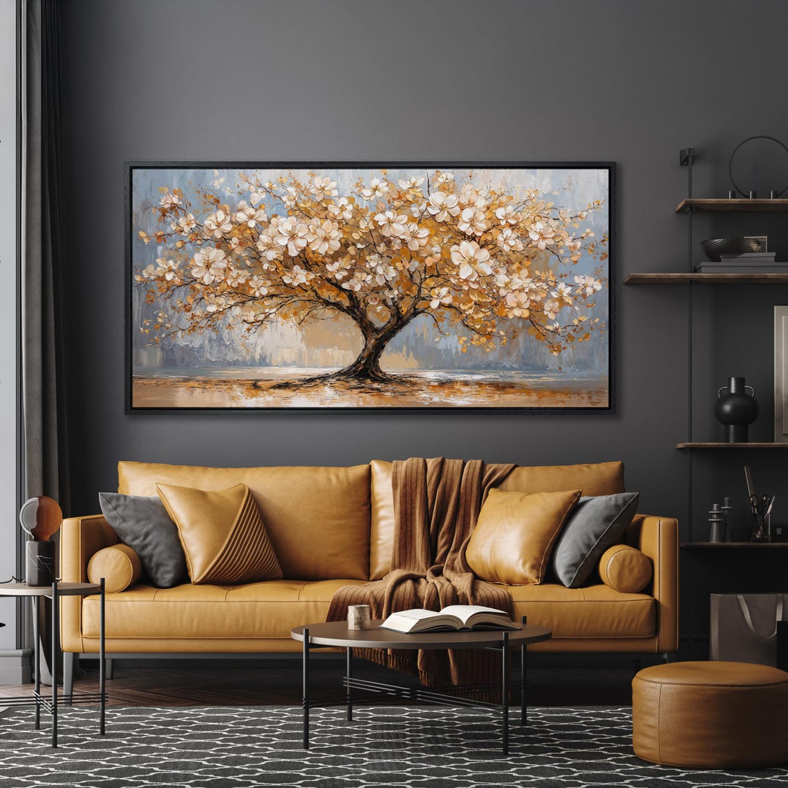 Blossoming Tree with Cream Flowers on a Blue Gray Background Poster