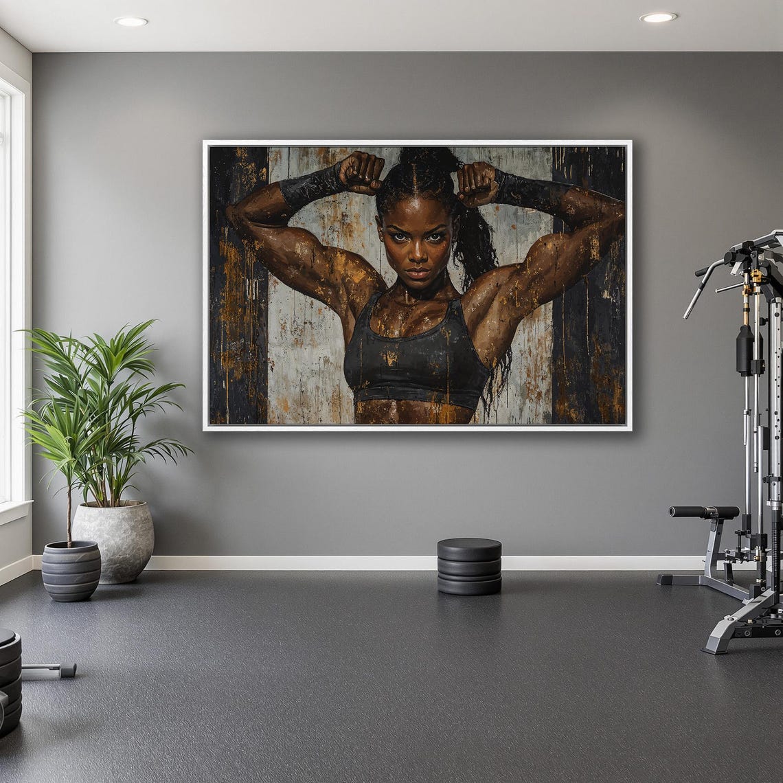 Strong Black Woman Flexing Both Arms On Textured Gray Gym Poster - Image 5